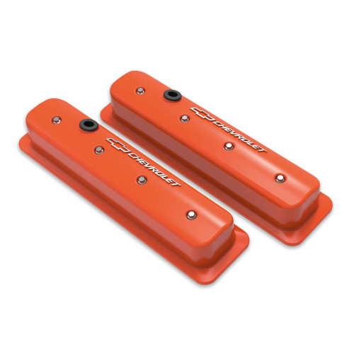 PartzBiz CM: 241-293-Holley GM Licensed Valve Cover - Muscle Series - SBC - Center Bolt - Factory Orange Machined
