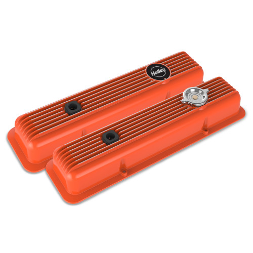 PartzBiz CM: 241-136-Holley Valve Covers - Muscle Series - Finned - SBC - Factory Orange