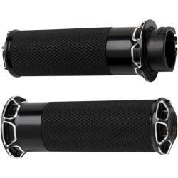PartzBiz HD 07-329 - Arlen Ness Beveled Fusion Hand Grips Bars Black Throttle By Wire Motorcycle Bike