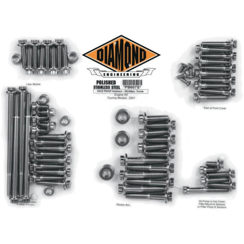 PartzBiz HD: 4421856-Diamond Engineering 12 Point Polished Stainless Steel Engine Bolt Kit FLH 07-15 | PB607S PartzBiz HD: 4421856-Diamond Engineering 12 Point Polished Stainless Steel Engine Bolt Kit FLH 07-15 | PB607S