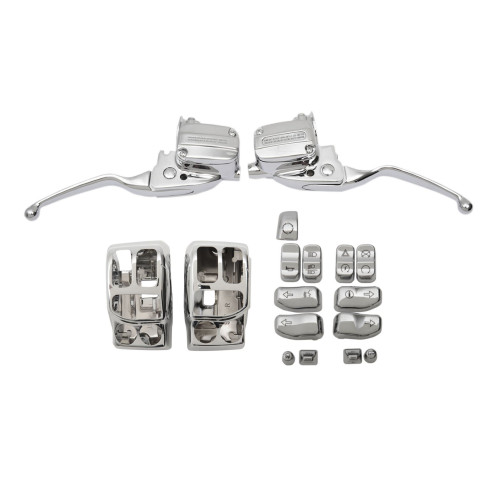 PartzBiz HD: 4418110-Drag Chrome Hand Control Kit w/ Switch Housings & Caps 17-18 Harley FLHT/X M8 0610-1952 / 0616-0231 / 0610-0807