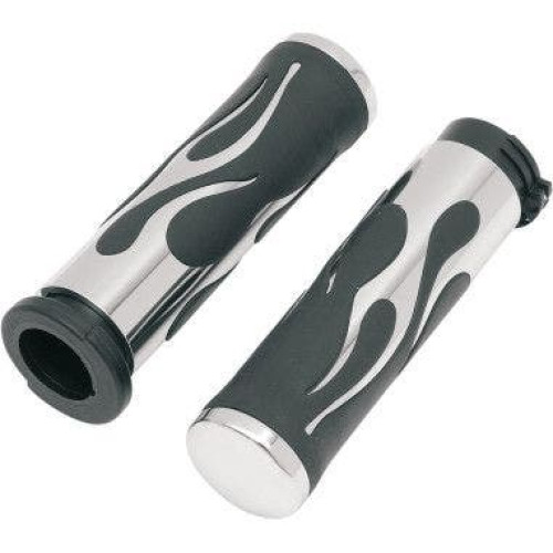 PartzBiz HD: 4417067-Drag Specialties Rubber Grips With Chrome Flame Accents Harley Cable Throttle | 0630-0268 PartzBiz HD: 4417067-Drag Specialties Rubber Grips With Chrome Flame Accents Harley Cable Throttle | 0630-0268