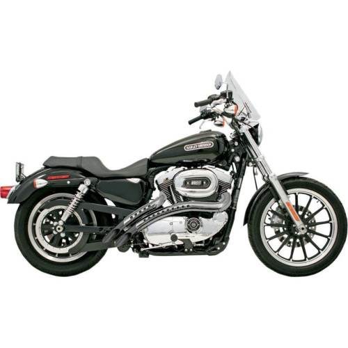 PartzBiz HD: 4416365-Bassani Black Radial Sweeper 2:2 Exhaust w/Chrome Shields Harley Sportster 86-03 | XLF12