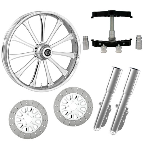 PartzBiz HD: 4416376-Exile Chrome 23" Wheel Tire Dual Rotors w/ Raked Triple Trees Lowers & Sliders | EXILE-DUAL-CHR-KIT-PCKG