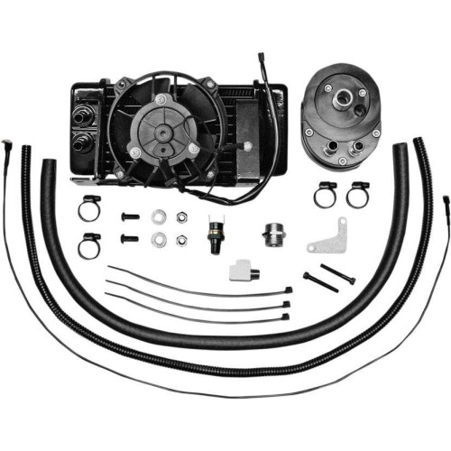 PartzBiz HD: 4414341-Jagg Black Horizonal Low Mount 10 แถวชุดออยล์คูลเลอร์พร้อมพัดลมช่วย Harley 09-13 | 751-FP2400