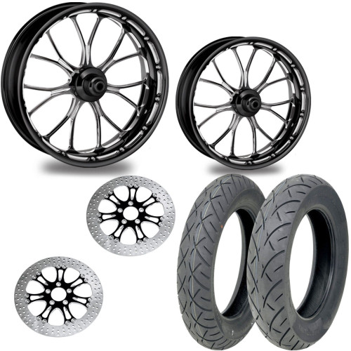 PartzBiz HD: 4406982-PM Heathen Contrast 21/18 Front Rear Wheel Package Set Tires Rotors Harley FLH/T PartzBiz HD: 4406982-PM Heathen Contrast 21/18 Front Rear Wheel Package Set Tires Rotors Harley FLH/T