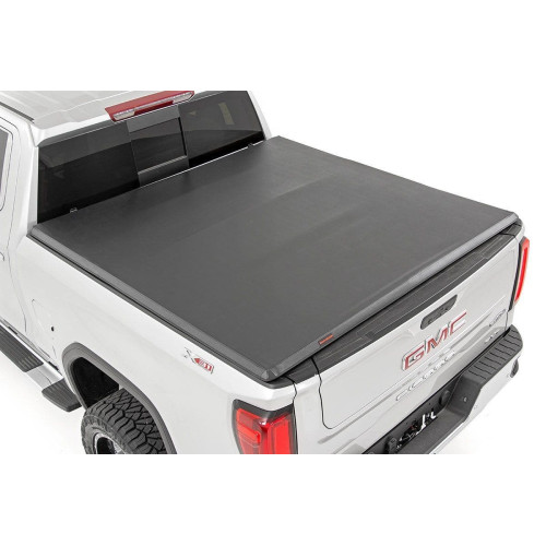 PartzBiz HD: 4404512-Rough Country Tri-Fold Tonneau Bed Cover 19-Up Chevy Silverado Sierra 1500 5' 8" GMC 5.5ft Vinyl Short Bed Cargo Storage Protection Best New Upgrade Z71 High Country Denali LT LTZ 4WD 4X4 2WD 