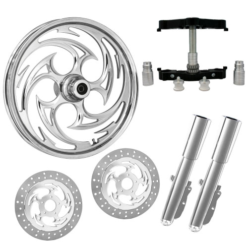 PartzBiz HD: 4403495-Savage Chrome 23" Wheel Tire Dual Rotors w/ Raked Triple Trees Lowers & Sliders | SAVAGE-DUAL-CHR-KIT-PCKG